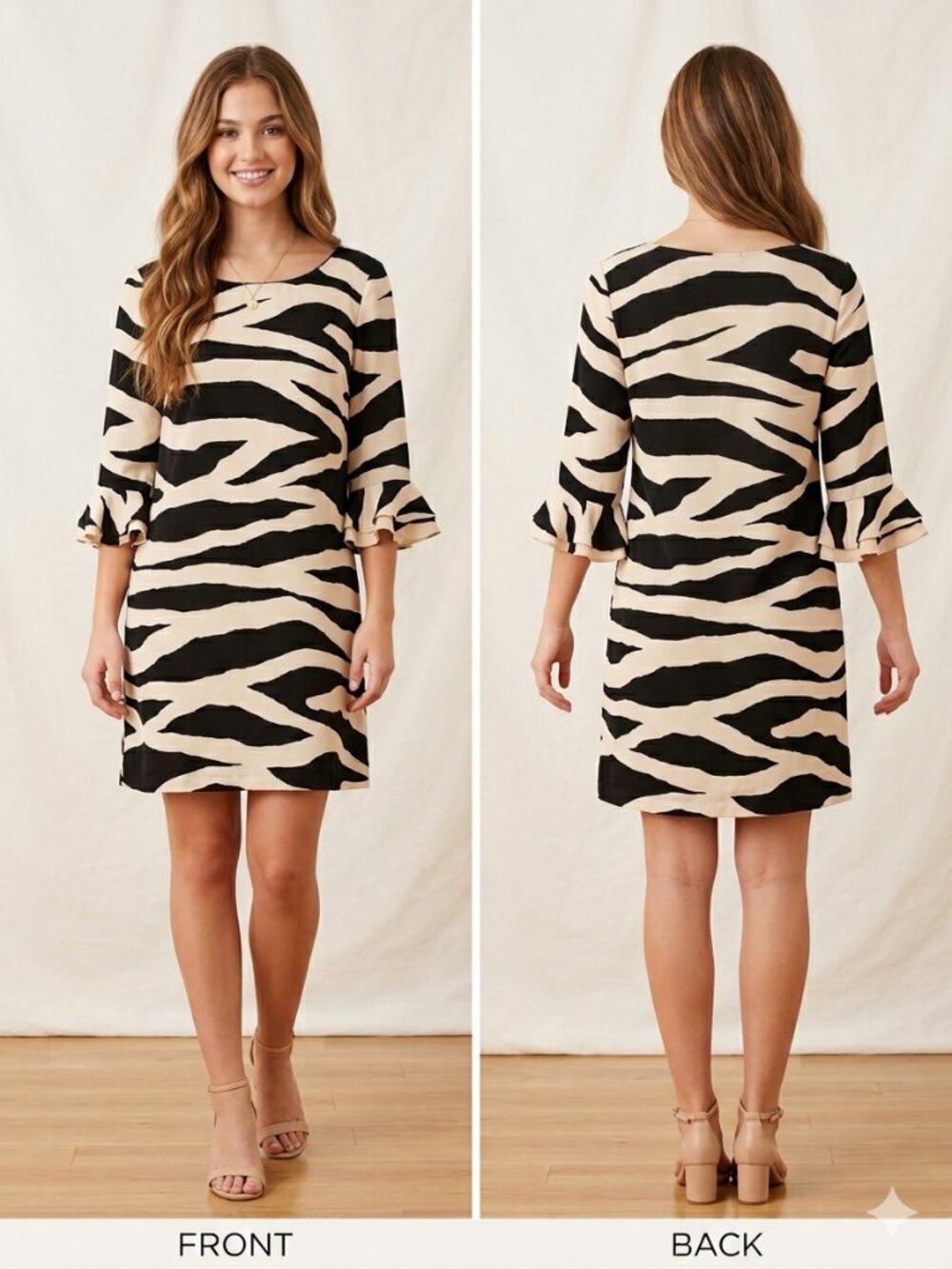 KATE SPADE 100% Silk Zebra Print Shift Dress Size 4 Bell Ruffle Sleeve Pockets